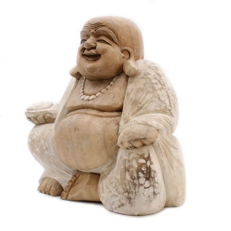 Hand Carved Buddha Statue 30cm Happy Whitewash — foto 6