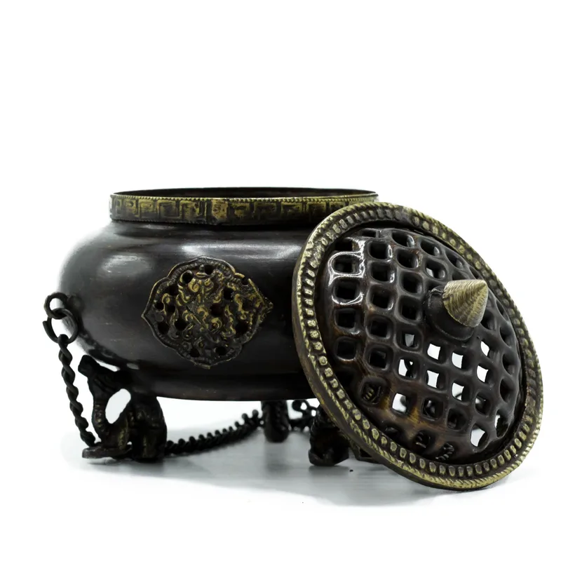 Lrg Brass Tibetan Bruciatore - Four Symbol Hanging Pot — foto 1