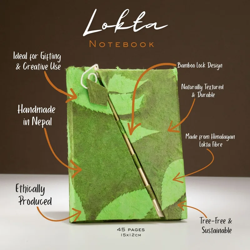 Lokta Bold Floral Bamboo Lock Notebook – Medium (15x12cm) – 45 Leaves – Moss Verde — foto 4