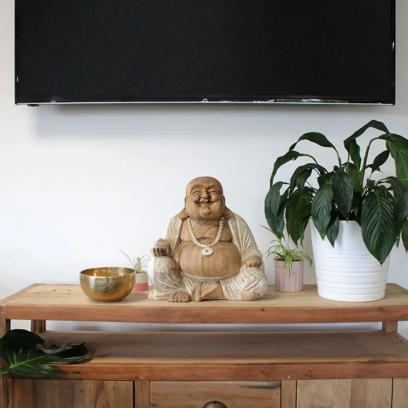 Hand Carved Buddha Statue 40cm Happy Whitewash