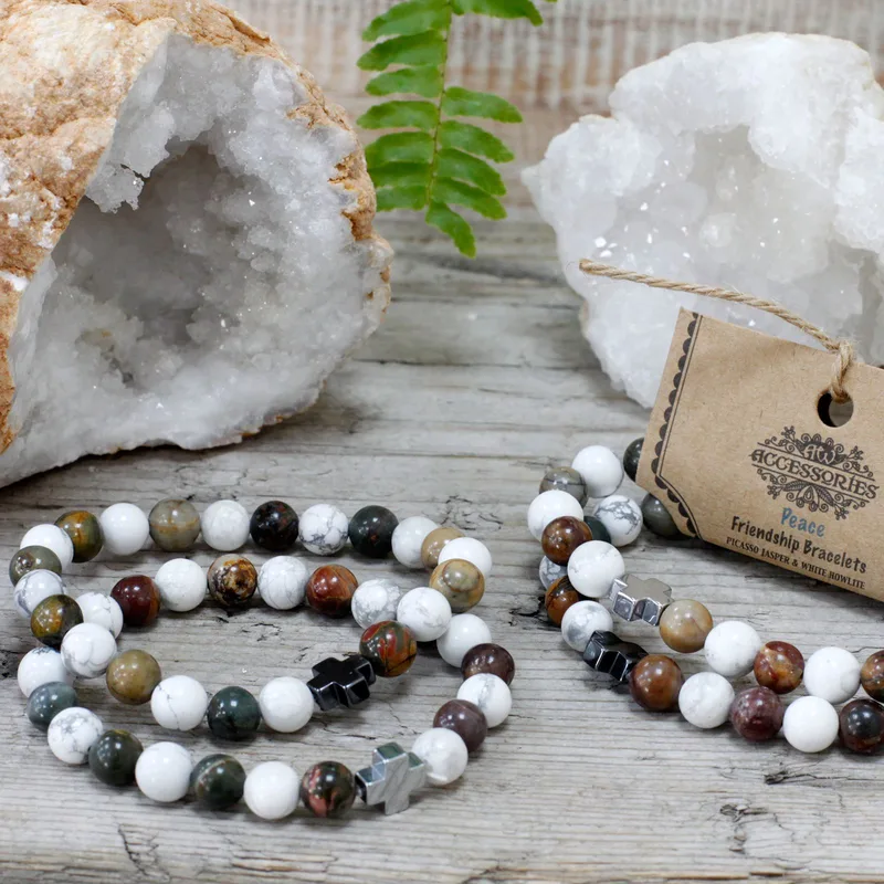 Set di 2 Braccialetti Amicizia con Pietre Preziose – Pace – Giada Picasso e Calcitto Bianco