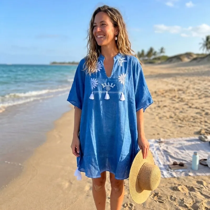 Nomad Sari On the Med Collection - Kaftan - Blu with Crema Embroidery and Tassels