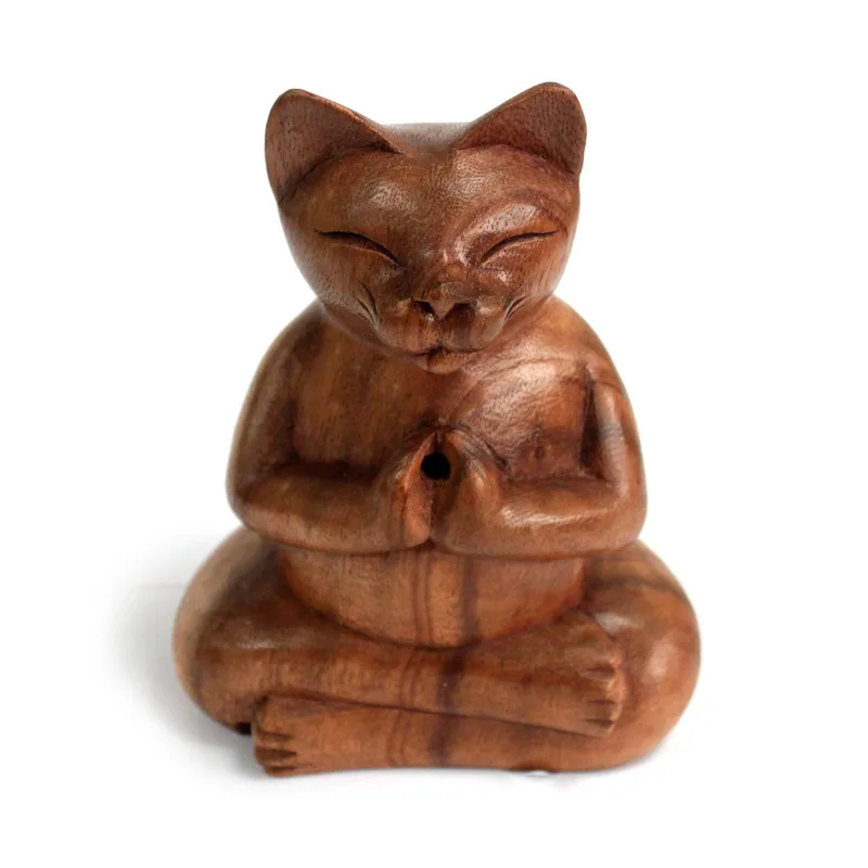 Wooden Carved Incenso Burners Lrg Yoga Cat