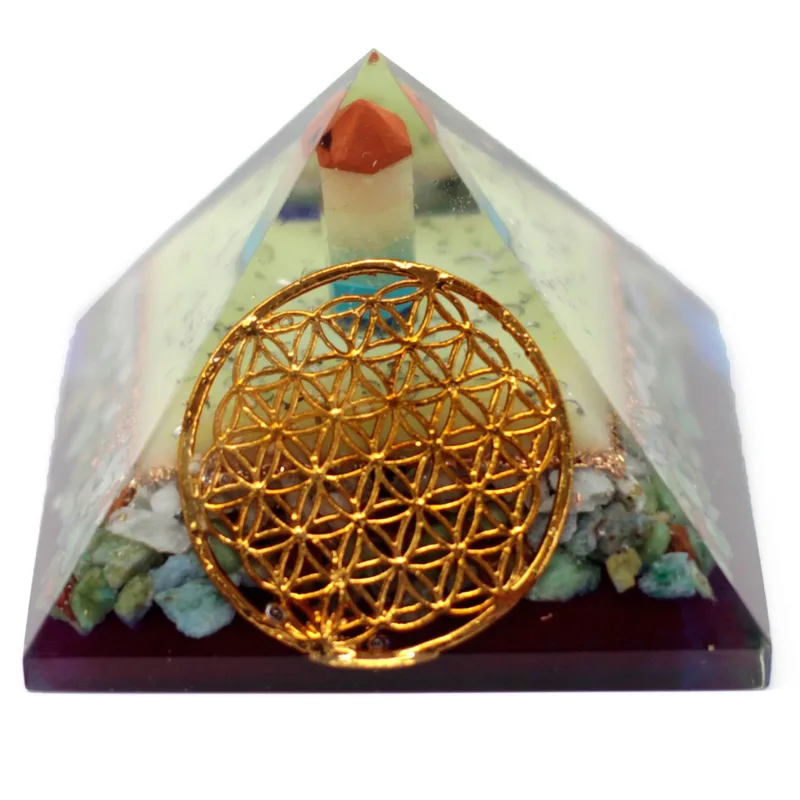 Lrg Organite Pyramid 70mm Fiore of life symbol