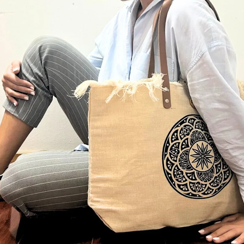 Naturale Tote Bag Leather Handle Mandala
