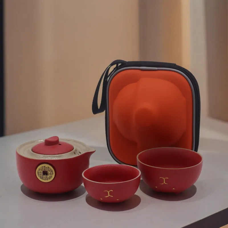 Money Cat Teapot Set Two Cups Travel Pack Red — foto 3