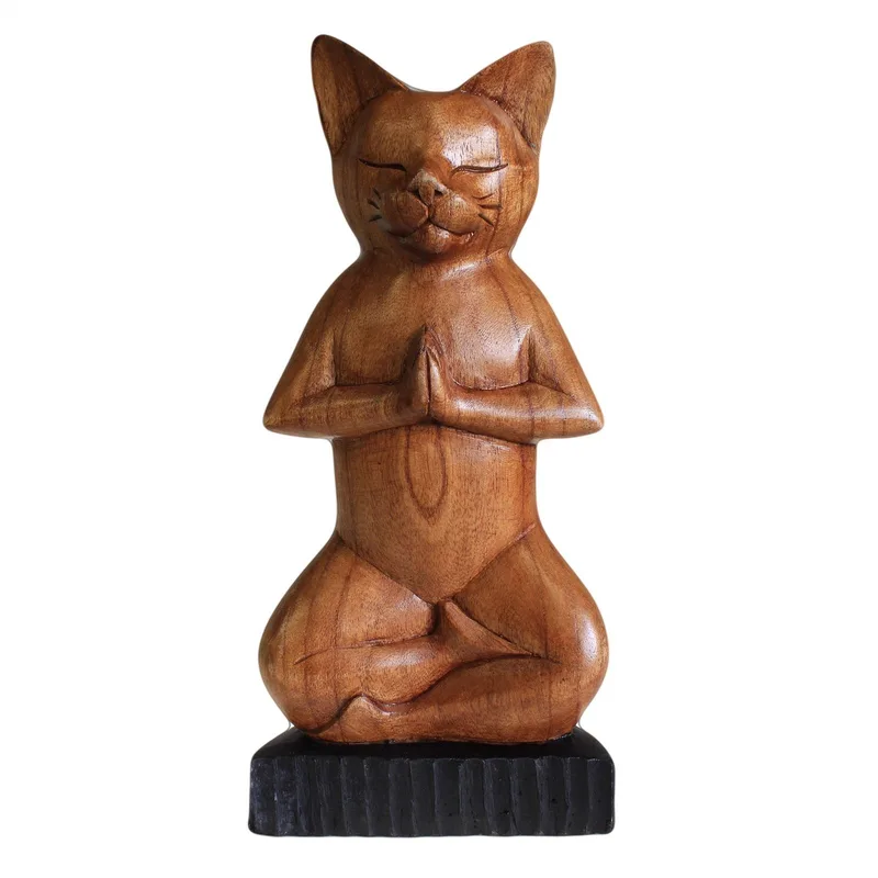 Handcarved Yoga Cat Lotus