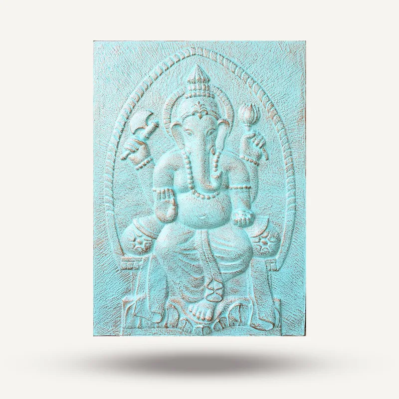 Large Ganpati Iron Frame Turquoise Relief 0.7x1m — foto 1