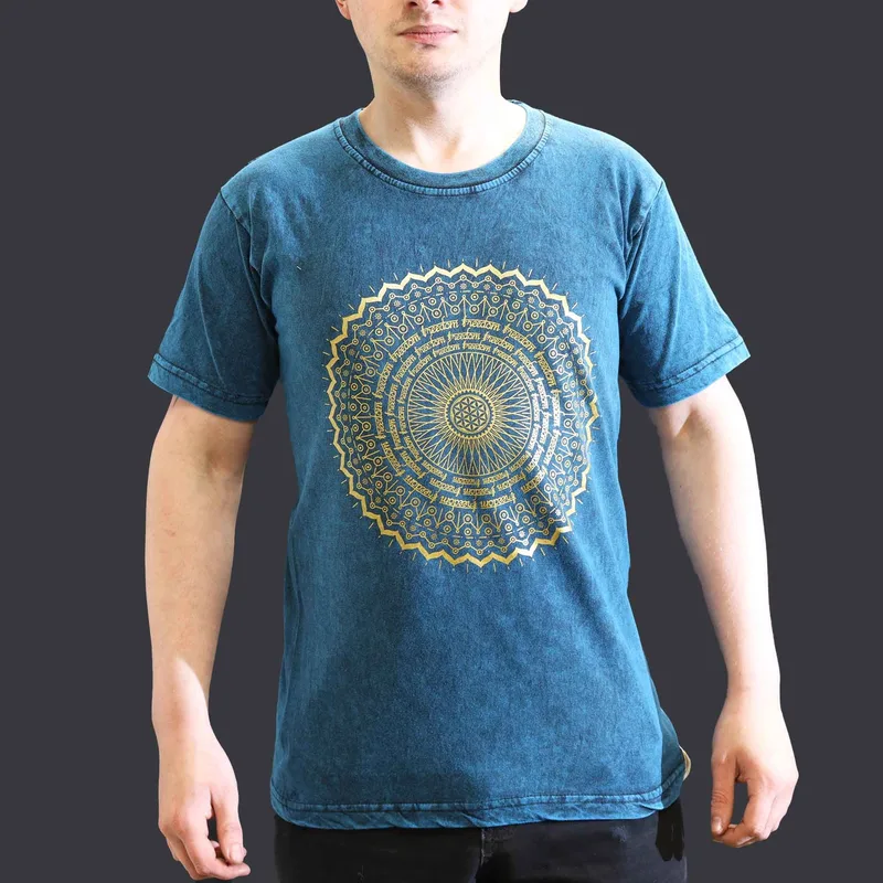 Nomad Sari Stonewashed Cotton T-Shirt – Mandala – Blu – Small