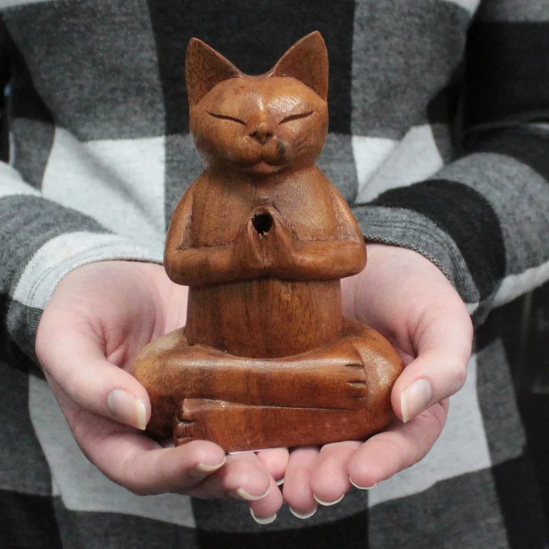 Wooden Carved Incenso Burners Med Yoga Cat — foto 1