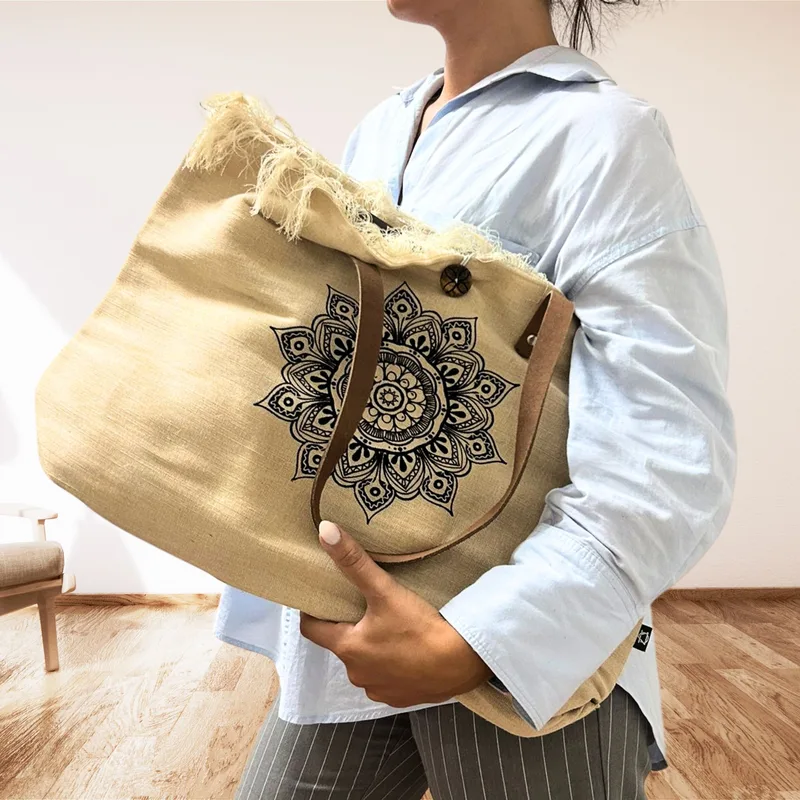Naturale Tote Bag Leather Handle Fiore of Life