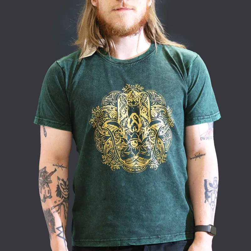 Nomad Sari Stonewashed Cotton T-Shirt – Hamsa – Verde – Large