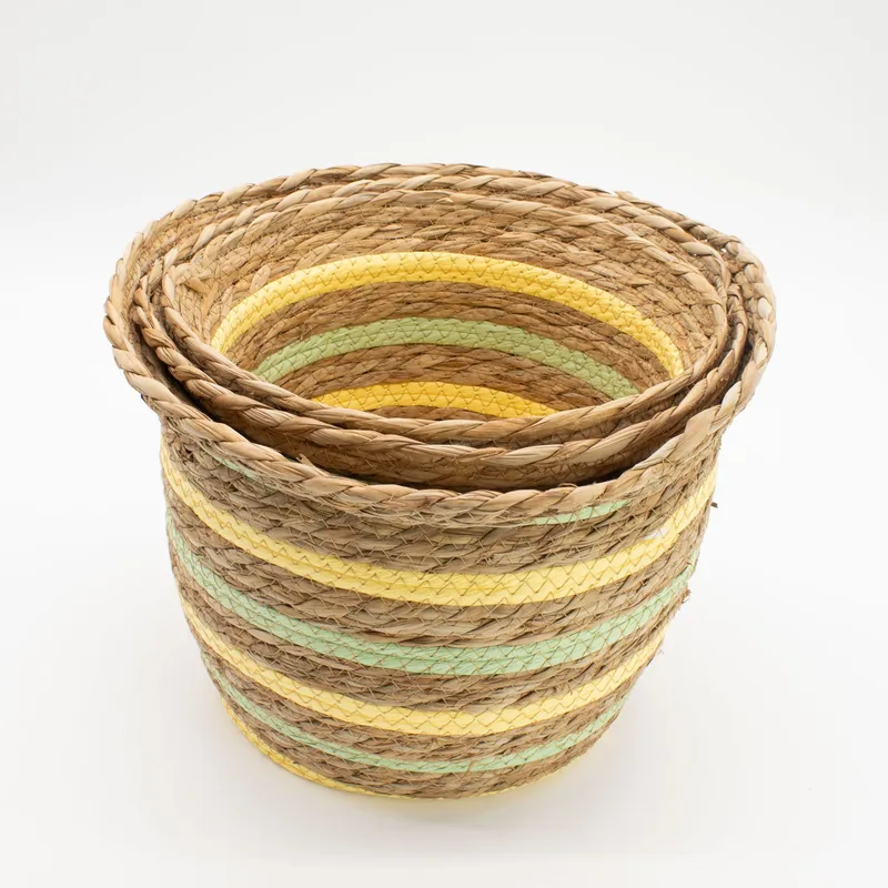 Seagrass & Straw Vase Shaped Baskets Naturale Yellow & Verde Set of 3