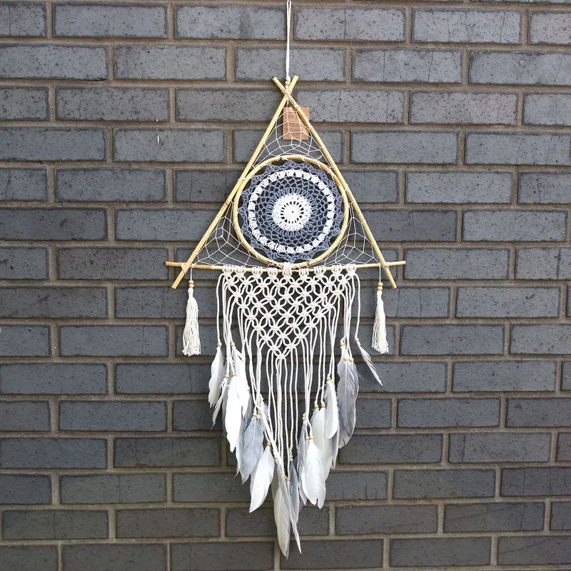 Protection Dream Cather Lrg Macrame Pyramid White/Grey