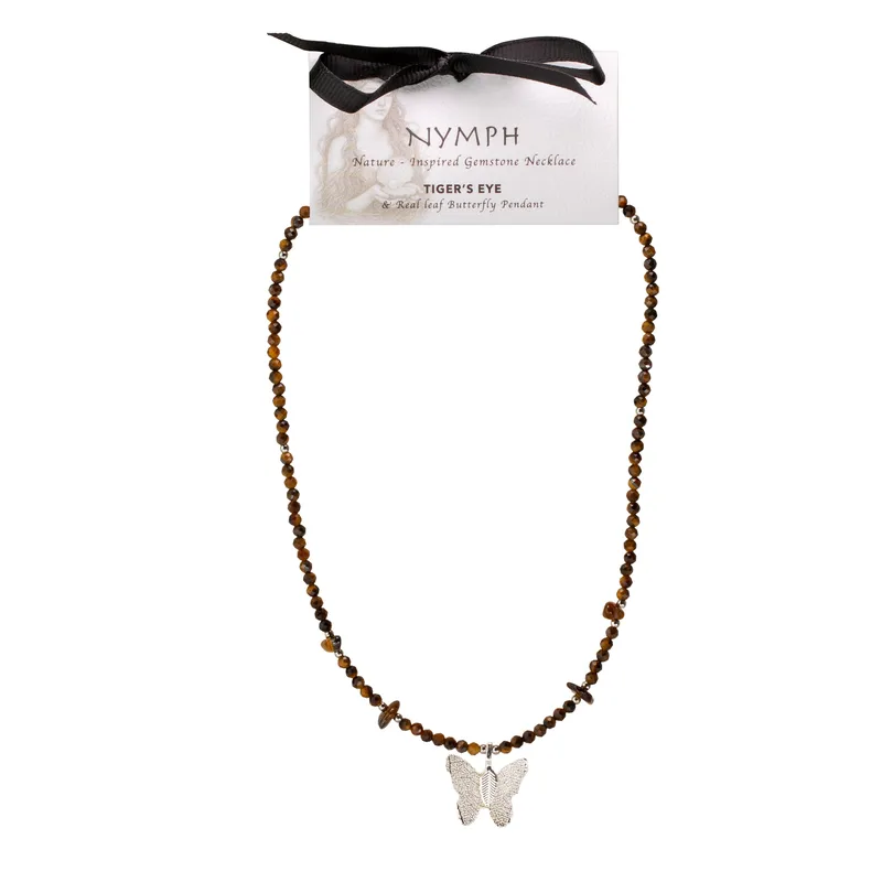 Collana con pietra opale tigre "Nymph" e ciondolo farfalla reale a foglie vere. — foto 3