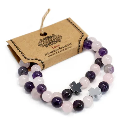 Set of 2 Gemstones Friendship Bracelets Love Amethyst & Rosa Quartz — foto 2