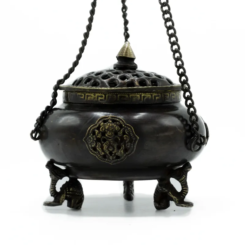 Lrg Brass Tibetan Bruciatore - Four Symbol Hanging Pot — foto 2