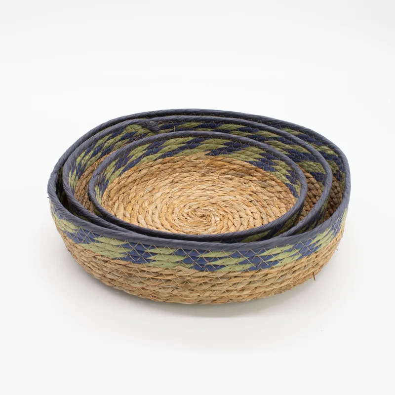 Straw & Seagrass Tray Baskets Naturale Verde & Blue Set of 3 — foto 1