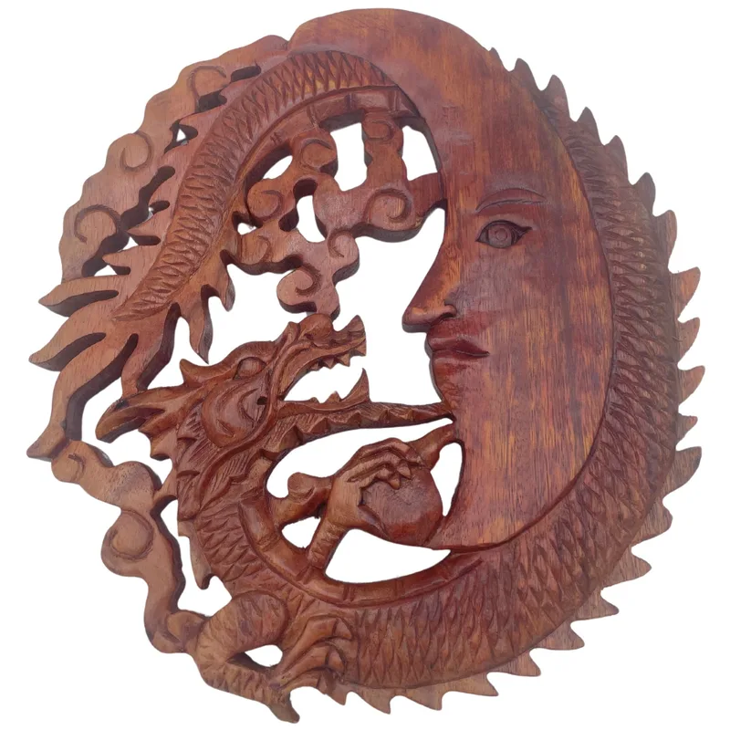 Moonface & Dragon Plaque Carving 30cm