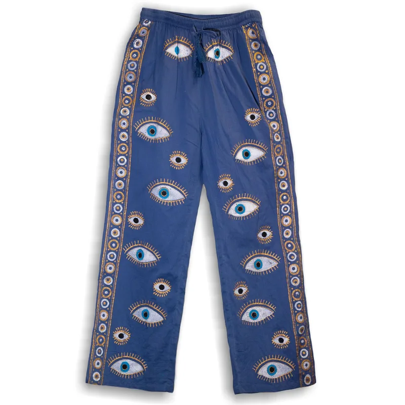 Nomad Sari On the Med Collection Lounge Pants Rich Blu & Oro Hand Painted Evil Eye Design — foto 2