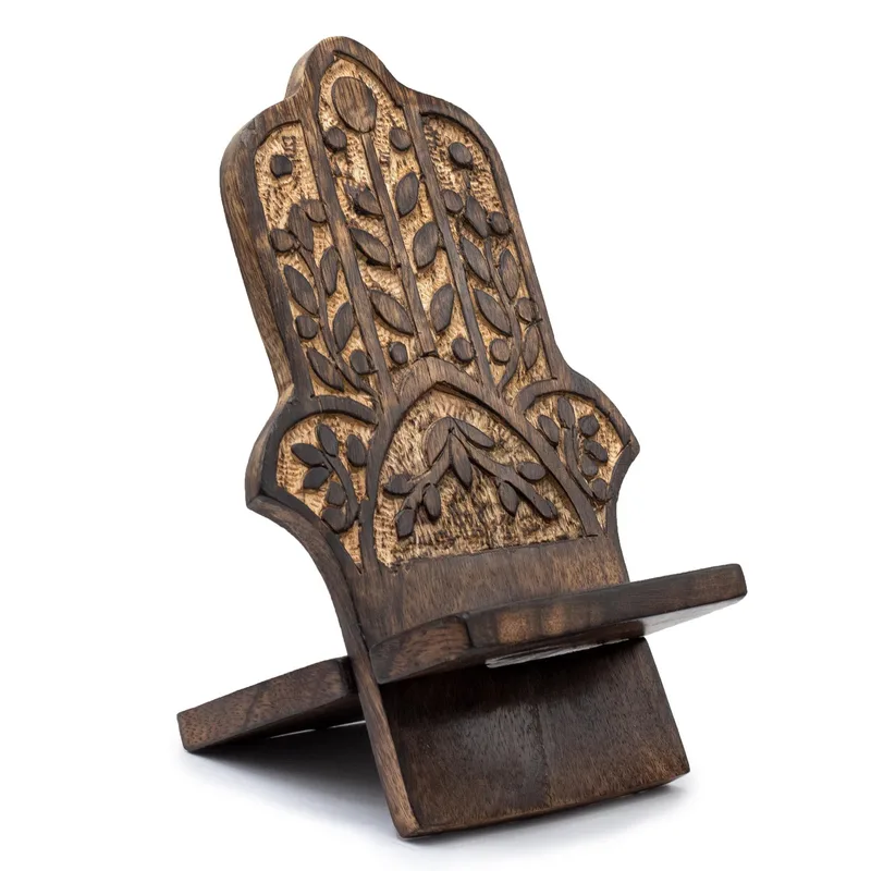 Supporto per Cellulare in Legno Intagliato – Hamsa 20x9,5 cm