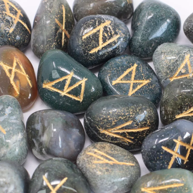 Runes Stone Set in Pouch Moss Agate