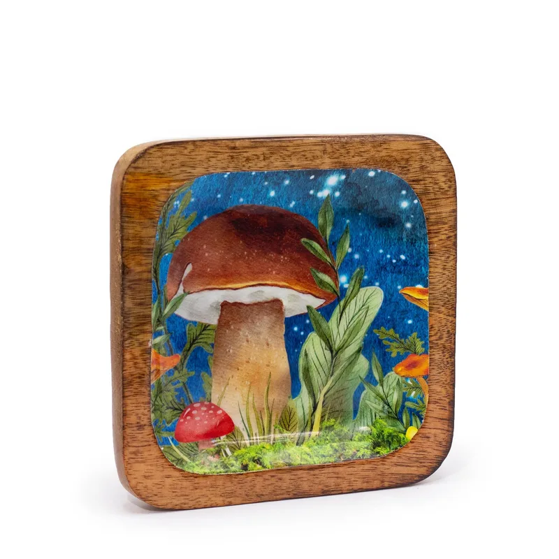 Big Square Trinket Tray 15x15x2.5cm Mushroom Design Teal