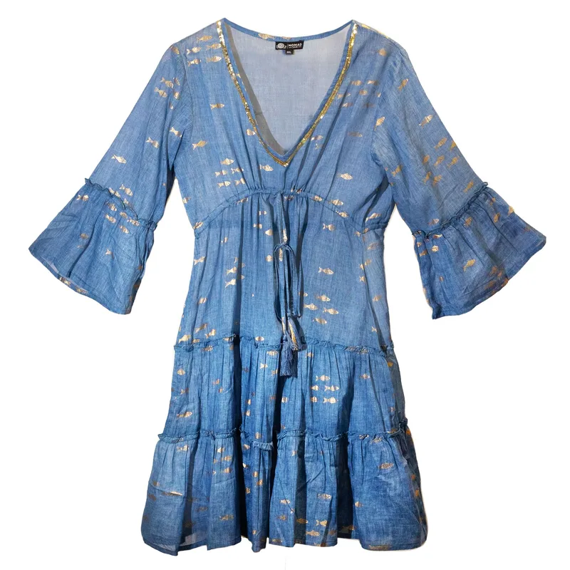 Nomad Sari On the Med Sea Blu & Oro Fish Print Dress