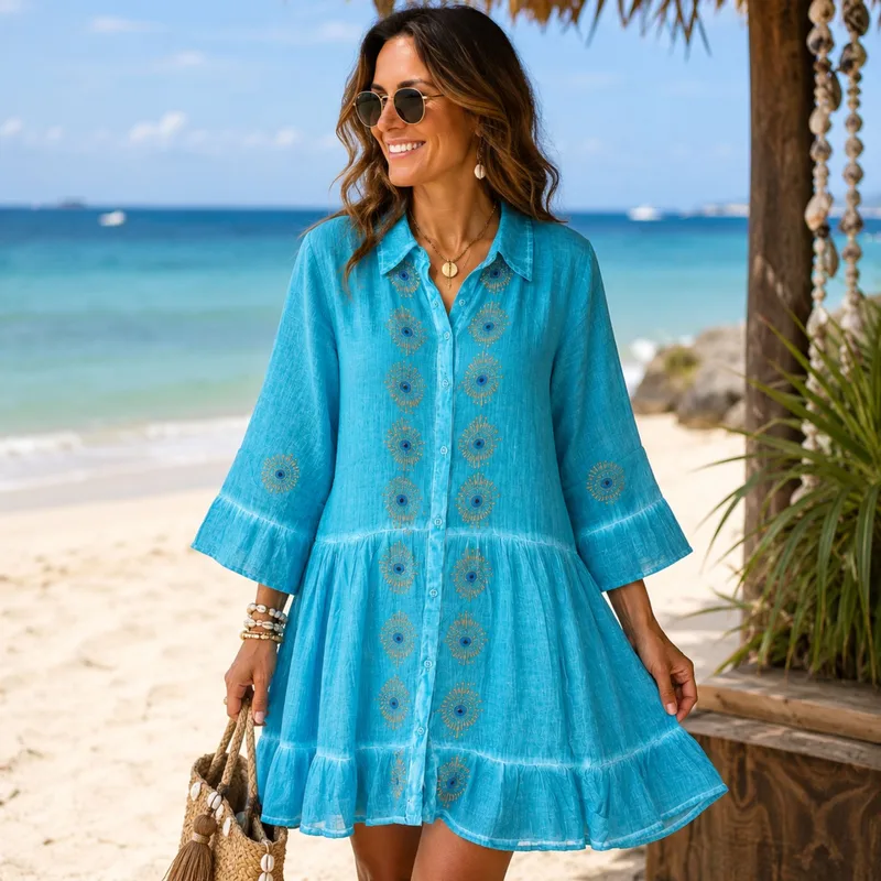 Nomad Sari On the Med Collection - Tunic Dress - Turquoise with Evil Eye Block Print (L-XL) — foto 1