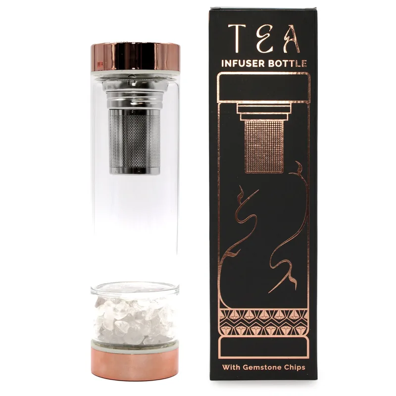 Crystal Glass Tè Infuser Bottle Rosa Oro Rock Quartz