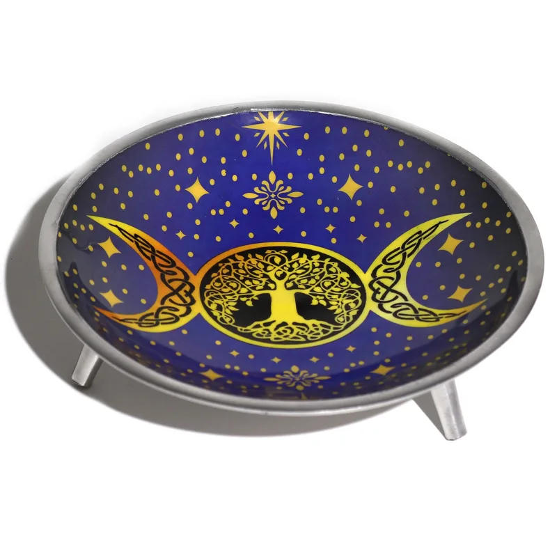 Triple Leg Enamelled Offering Plate Purple Triple Moon