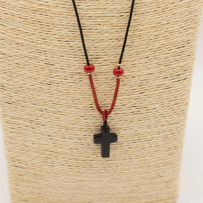 Cord Necklace Gemstone Pendant - Nero Agate Cross — foto 1