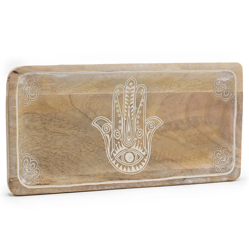 Long Tray 30x15x2.5cm Hamsa Design Whitewash