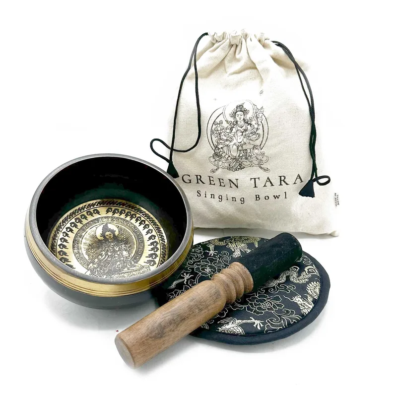 Hand Beaten & Engraved Singing Bowl Gift Set 14cm Verde Tara