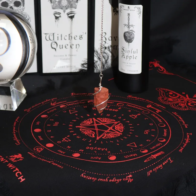 Ancient Witch Pendulum Divination Cloth - Mystic Moth - Nero & Blood Red