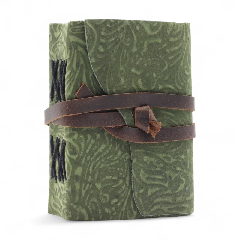 Fat Deckled Leather Notebook – Verde Maze Pattern – 12.7×8.9 cm — foto 2