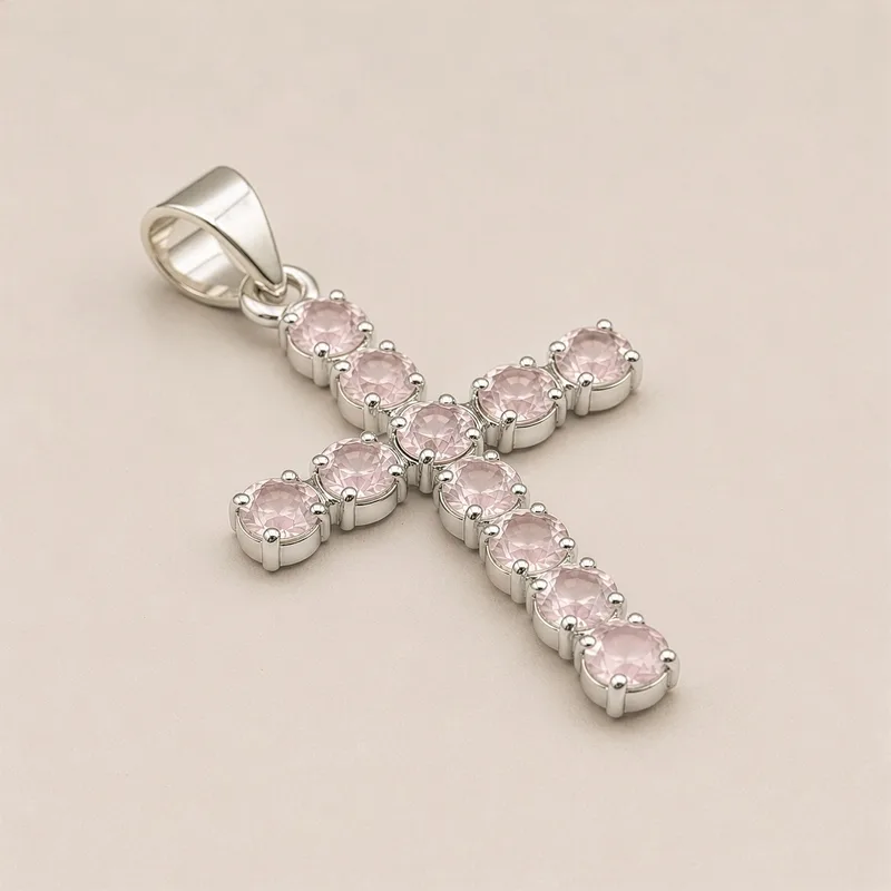 Indian Devotional Pendant Argento Plated Rosa Quartz Crucifix — foto 3