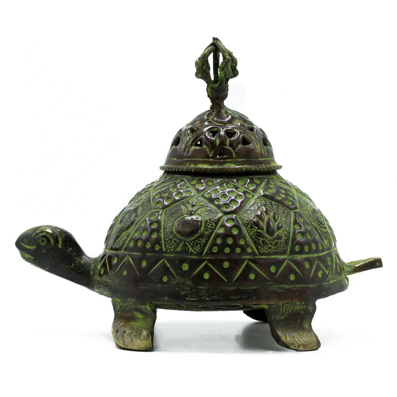 Brass Verdigris Tibetan Turtle Incenso Porta Lrg