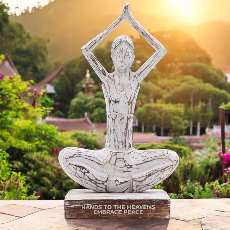 Wooden Yoga Lady Whitewash Hands Up Pose "Hands to the Heavens Embrace Peace" — foto 1