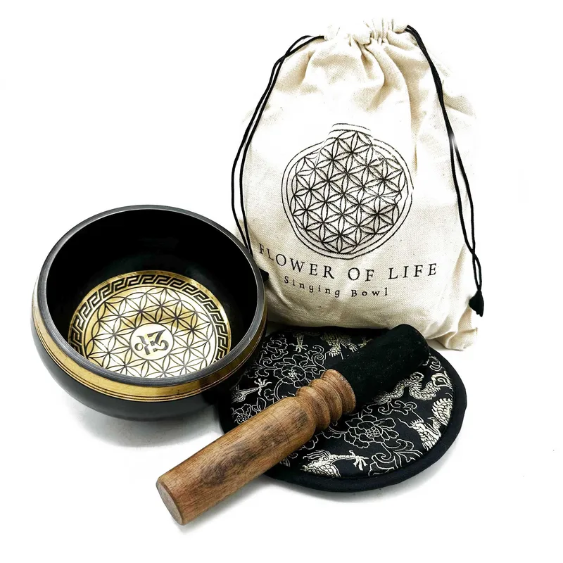 Set Regalo Ciotola Tibetana Martellata a Mano e Incisa – 14cm – Fiore della Vita