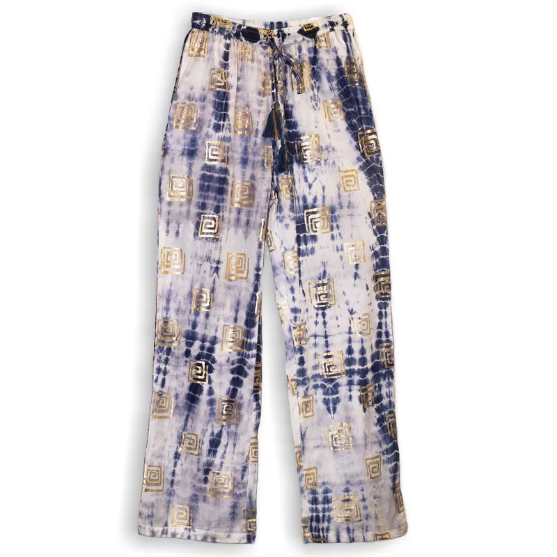Nomad Sari On the Med Collection Lounge Pants Oro & Blu Greek Motiff Handpainted