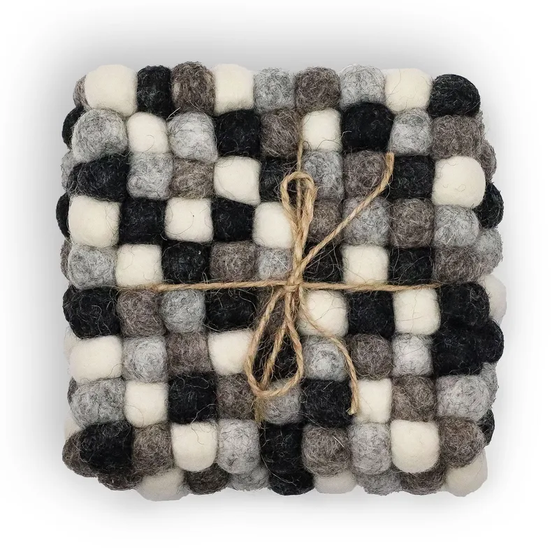 Felt Ball Square Coasters 10cm Multi Grey colour Set of 4)