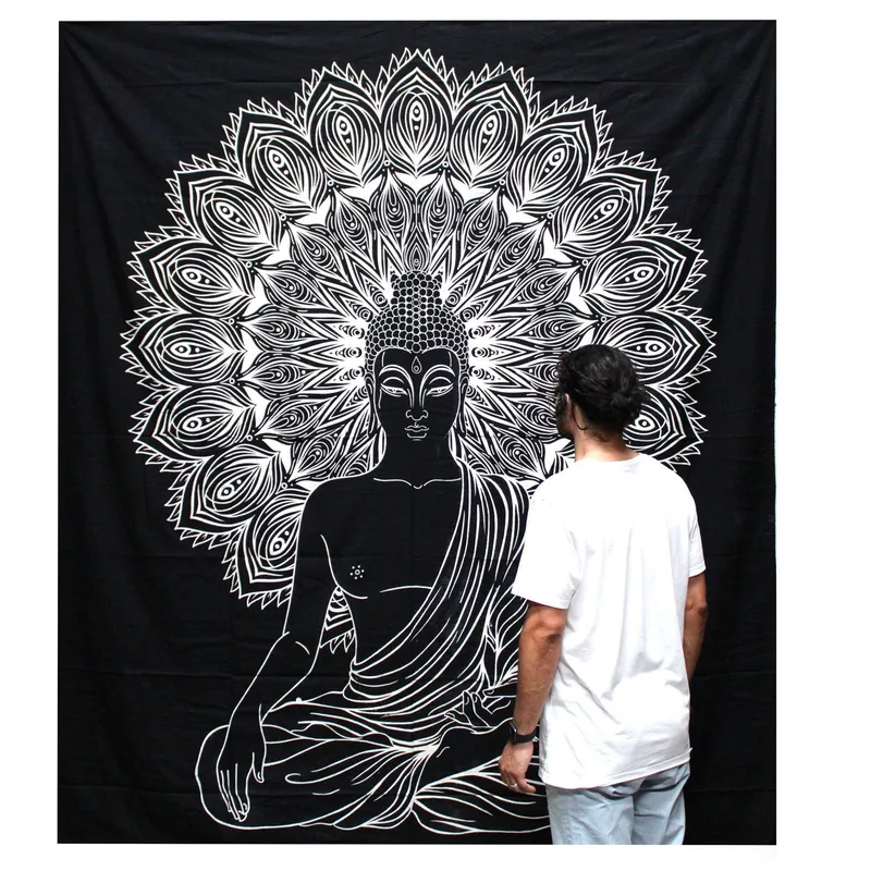 B&W Double Cotton Bedspread + Wall Hanging Buddha — foto 1