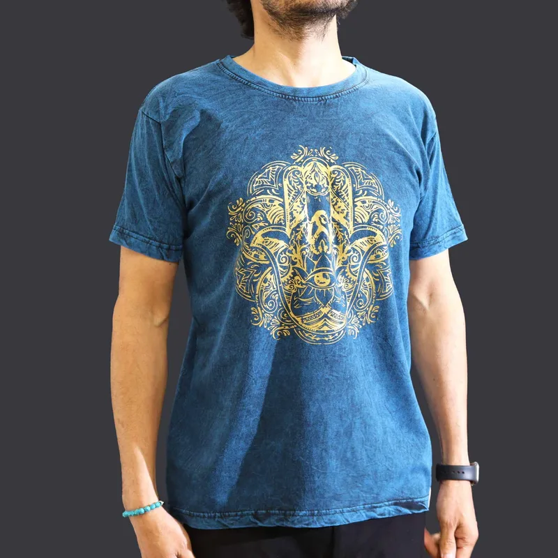 Nomad Sari Stonewashed Cotton T-Shirt – Hamsa – Blu – Medium — foto 1