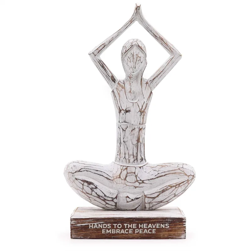 Wooden Yoga Lady Whitewash Hands Up Pose "Hands to the Heavens Embrace Peace"