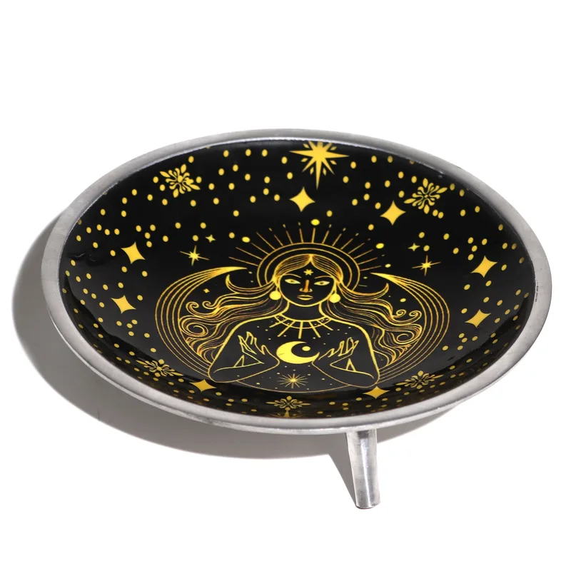 Triple Leg Enamelled Offering Plate Oro Goddess on Nero