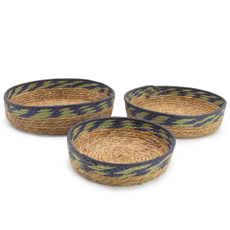 Straw & Seagrass Tray Baskets Naturale Verde & Blue Set of 3
