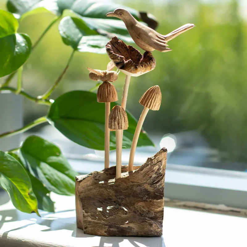 Fatto a mano Parasite Legno Art Carving Bird & Bee on Mushrooms — foto 2