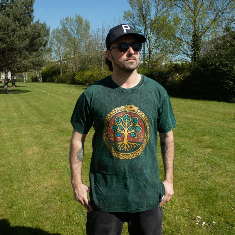Nomad Sari Stonewashed Cotton T-Shirt Albero of Life Verde Large