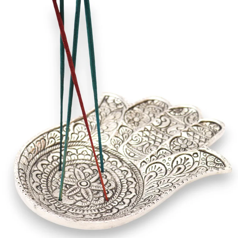 Polished Aluminium Lrg Hamsa Incenso Porta 18x13cm
